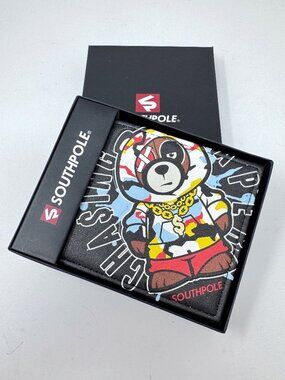 Southpole Chasing Paper Bear Graffiti Y2K Bifold Wallet Black Faux Leather  NEW